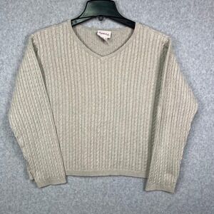 Crystal‎ Kole Sweater Women's Large Beige Cable Knit V-Neck Pullover Cozy Soft